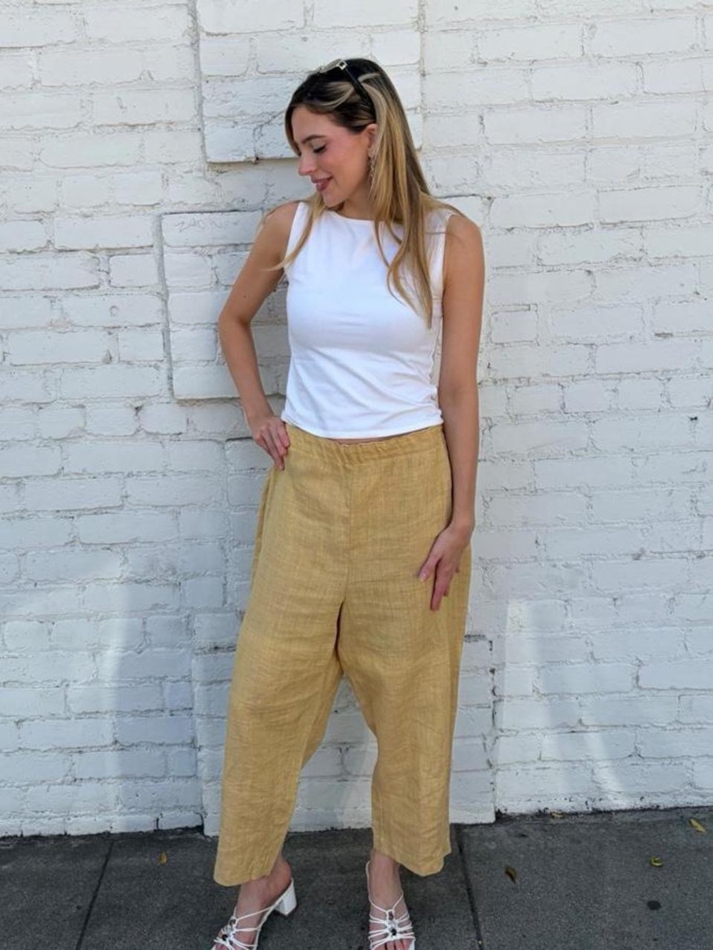 VTG Lisbeth Oslo yellow linen pants with elastic waistband sz XL #summer #vacati